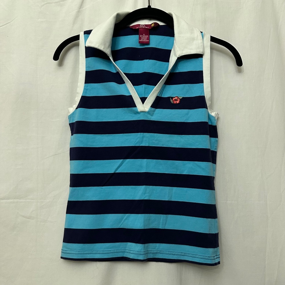 SO Sleeveless Polo Shirt Womens Small Blue Striped V-Neck Knit Top Floral Detail